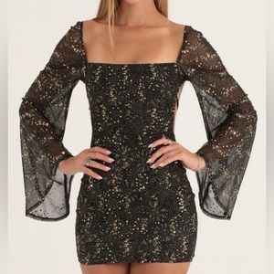 Korra Mesh Sequin Flare Sleeve Dress in Black